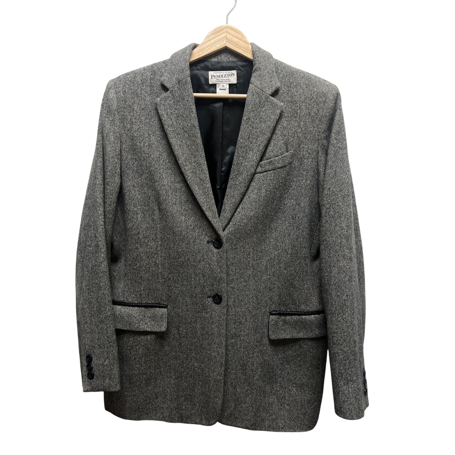 Pendleton Vintage 90's Y2K Gray Chevron Wool Black Faux Leather Trim Professional Blazer
