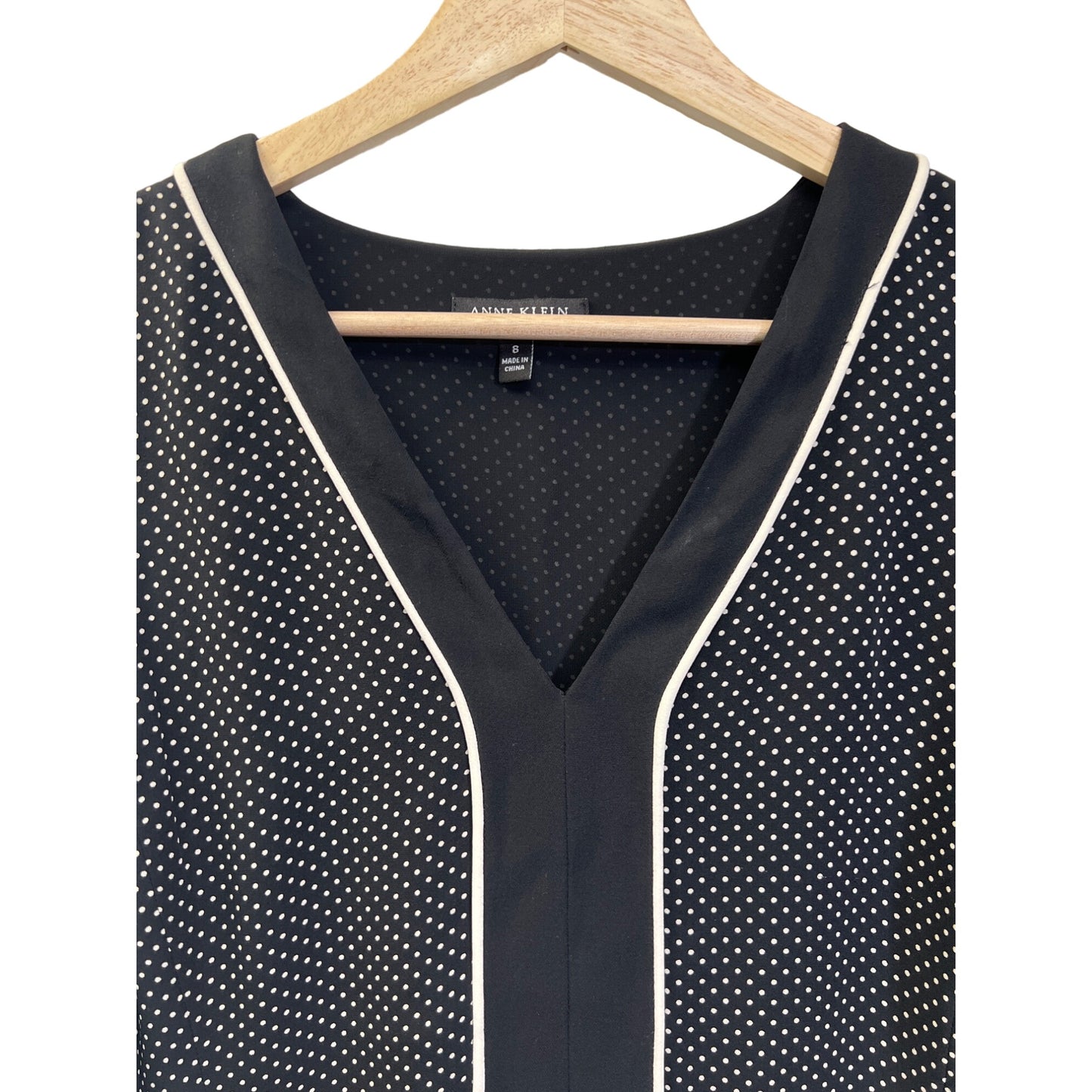 Ann Klein Black with White Polka Dot Silk V-Neck Blouse