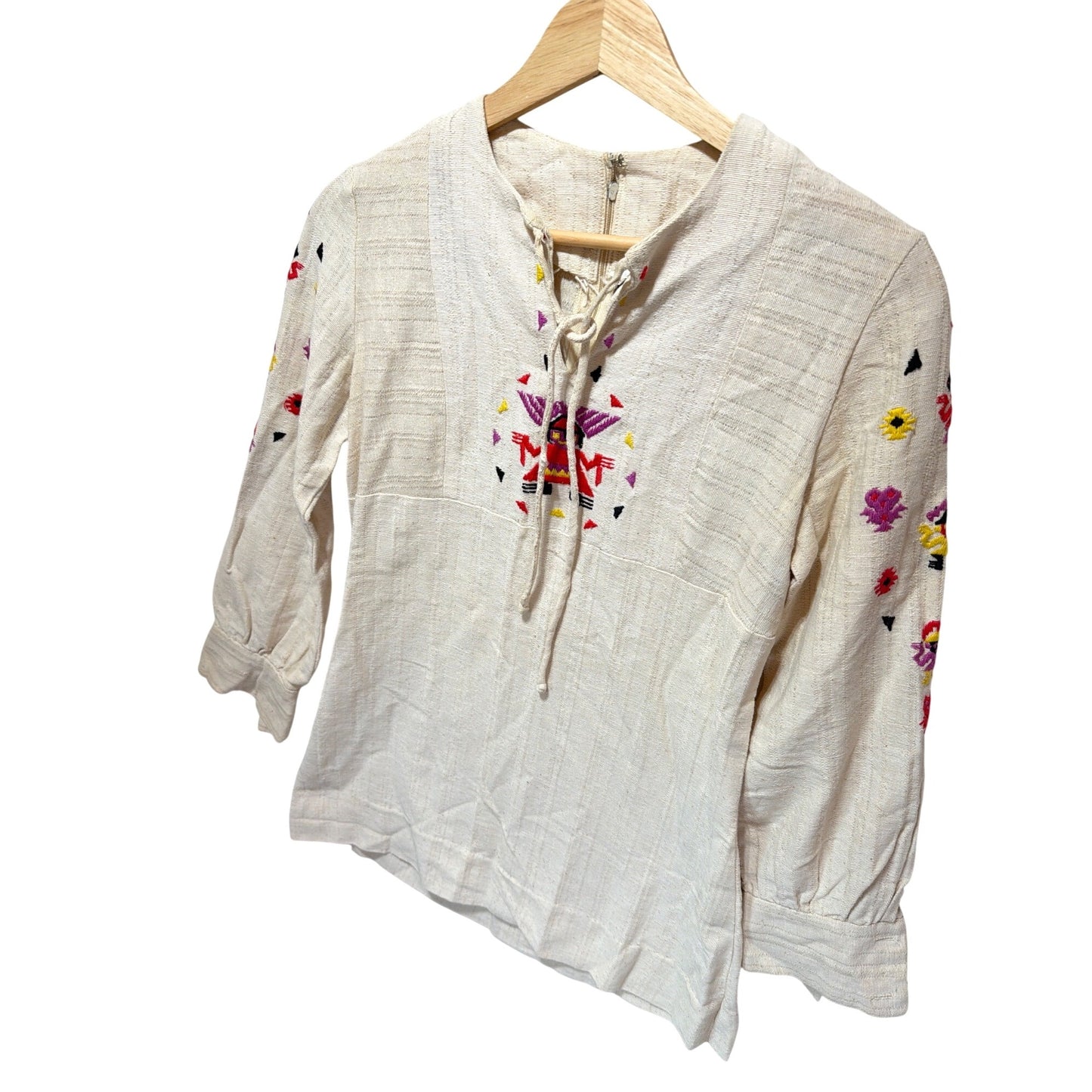 Benson & Partners Rare Vintage 60's 70's Natural Woven Aztec Embroidered Tunic Shirt Blouse