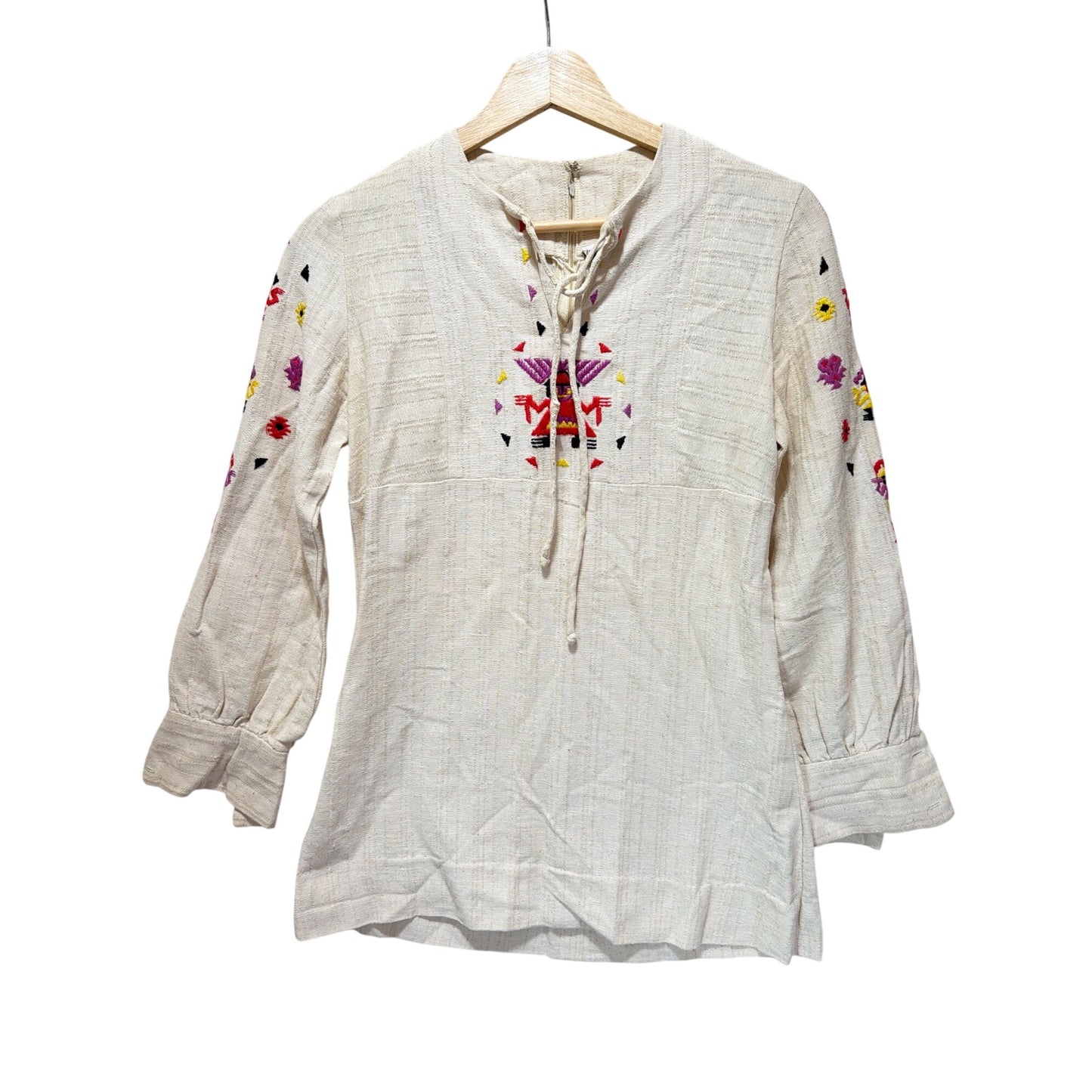 Benson & Partners Rare Vintage 60's 70's Natural Woven Aztec Embroidered Tunic Shirt Blouse
