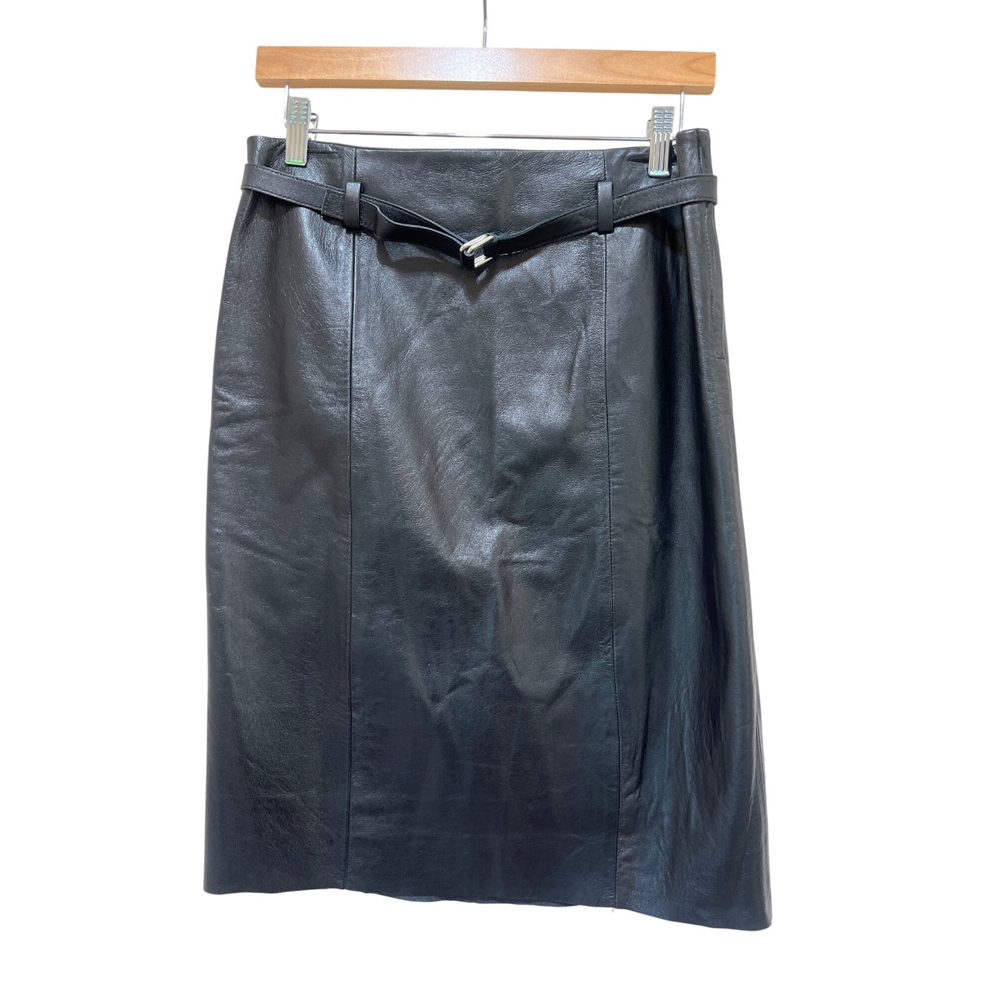 BCBG MaxAzria Lea Black Lambskin Leather Pencil Skirt With Belted Waist - Chic High-Waisted