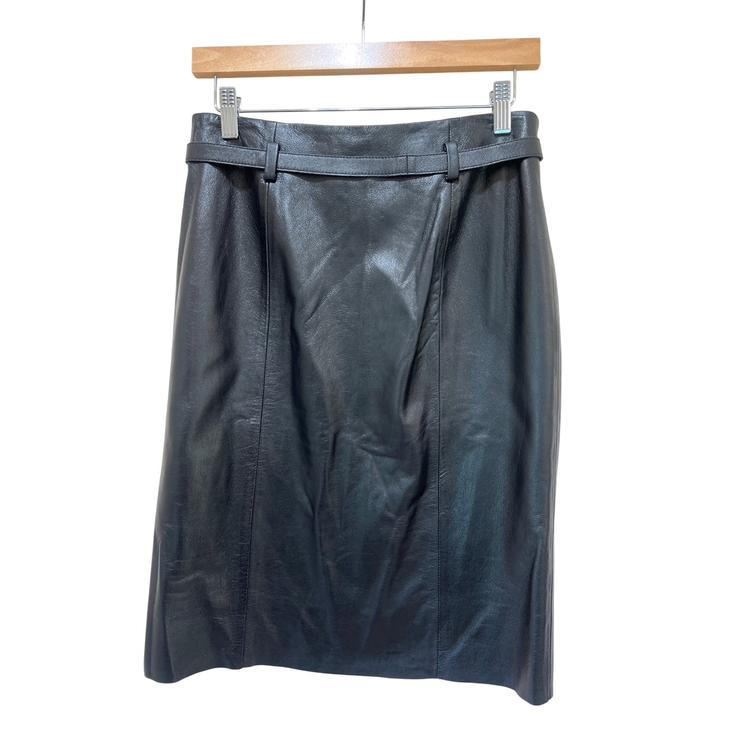 BCBG MaxAzria Lea Black Lambskin Leather Pencil Skirt With Belted Waist - Chic High-Waisted