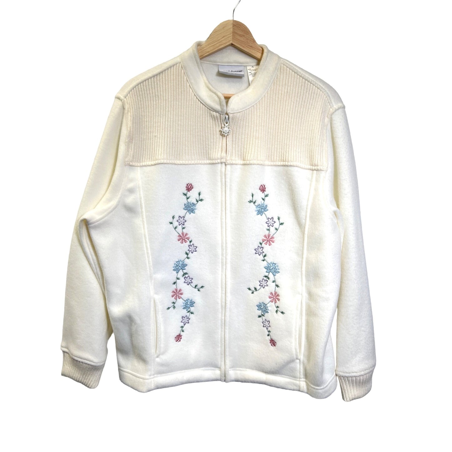 Alfred Dunner Petite Fleece and Cableknit Off White Floral Embroidered Jacket