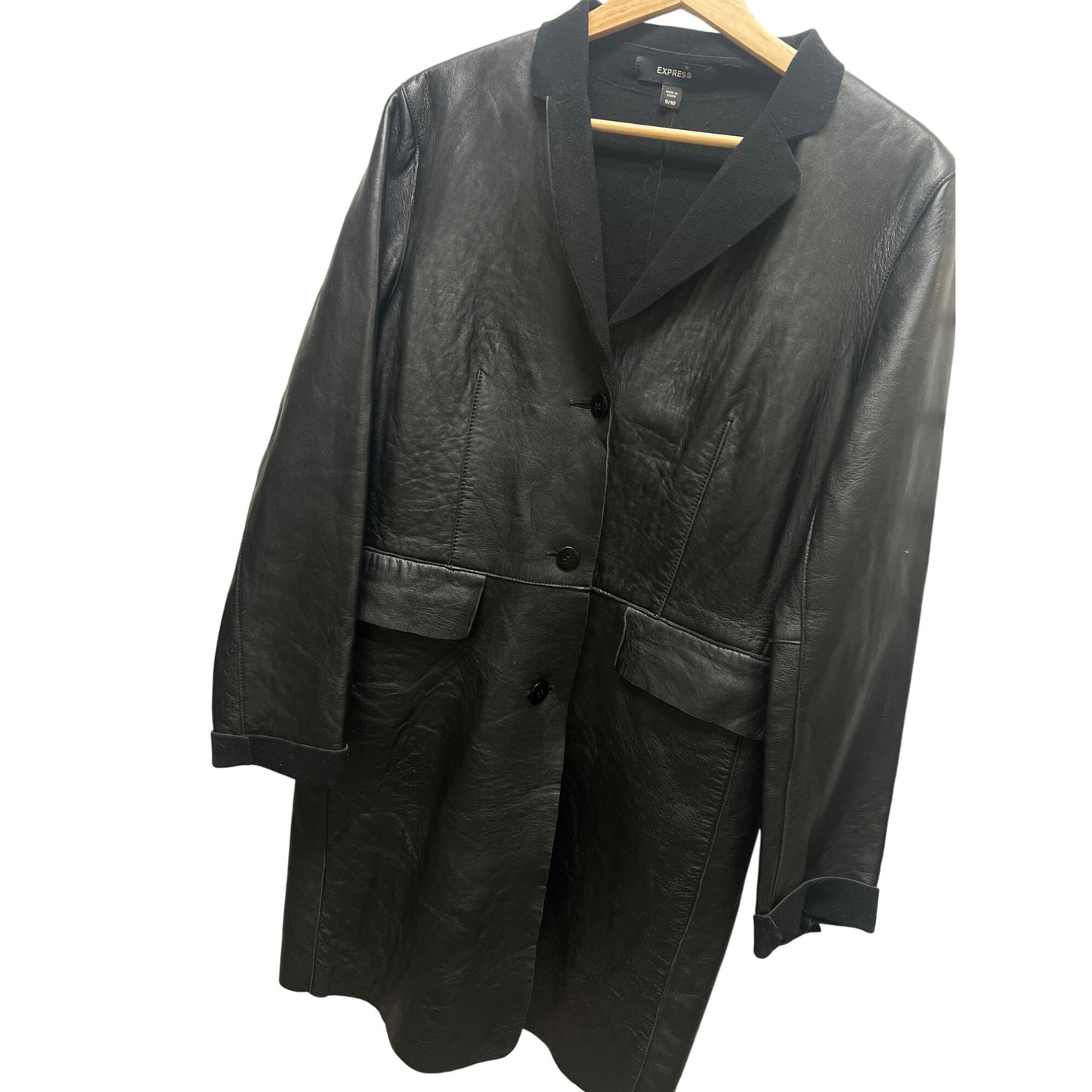 Express Vintage Y2K Long Black Leather Trench Coat