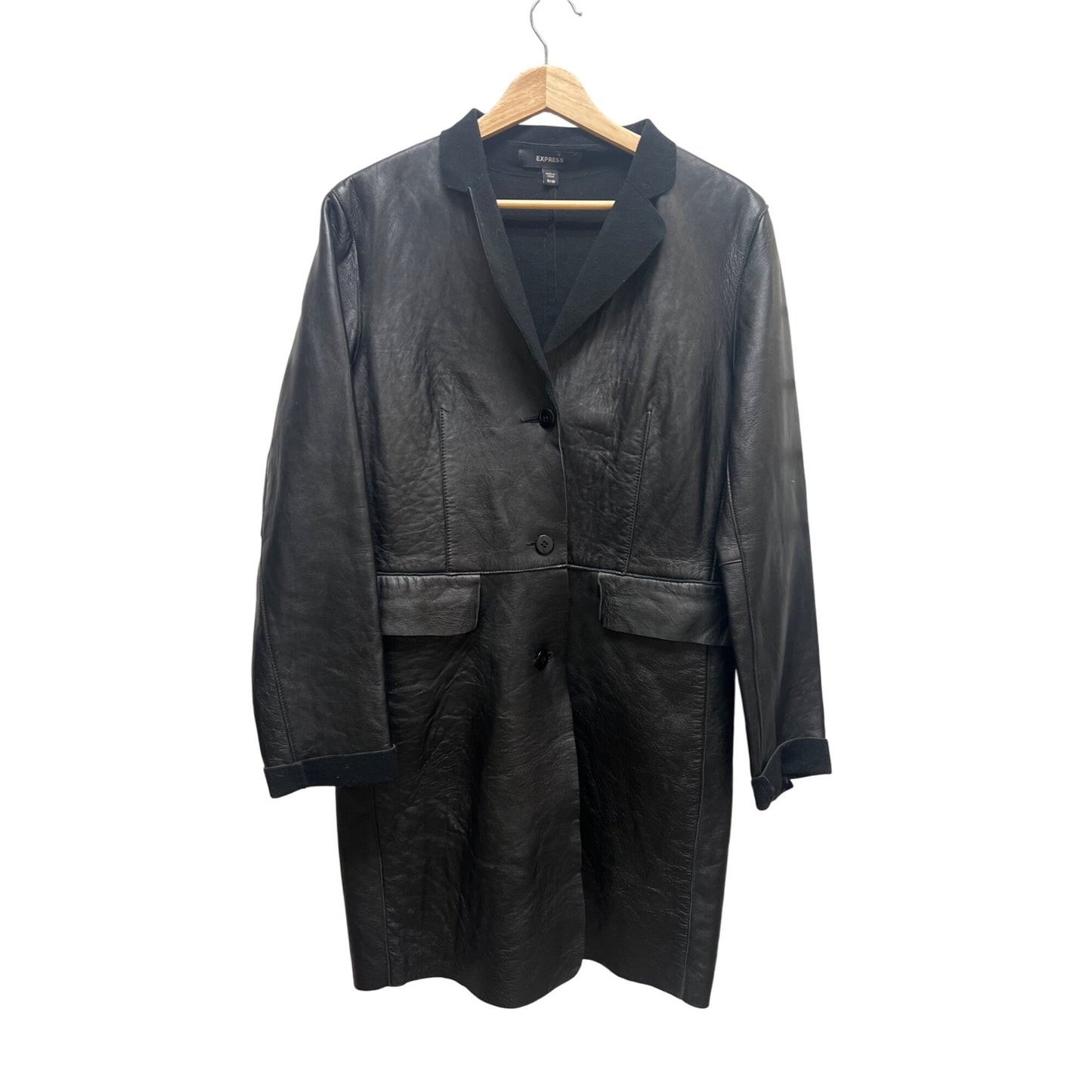 Express Vintage Y2K Long Black Leather Trench Coat