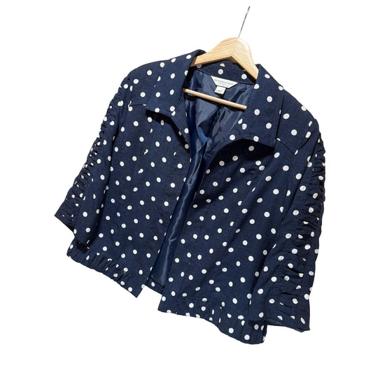 Christopher & Banks Petite Polka Dot Navy Blue Jacket With Ruched Sleeves