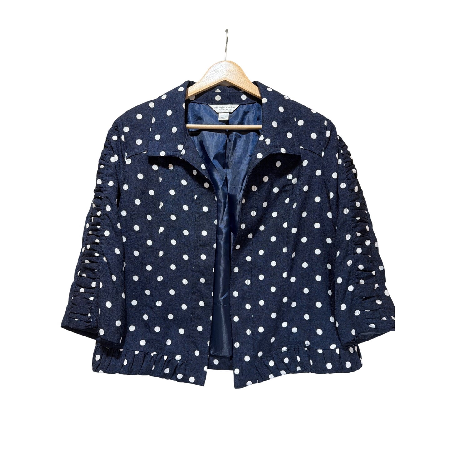 Christopher & Banks Petite Polka Dot Navy Blue Jacket With Ruched Sleeves