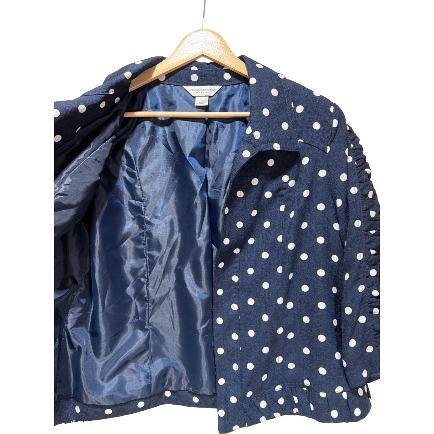 Christopher & Banks Petite Polka Dot Navy Blue Jacket With Ruched Sleeves