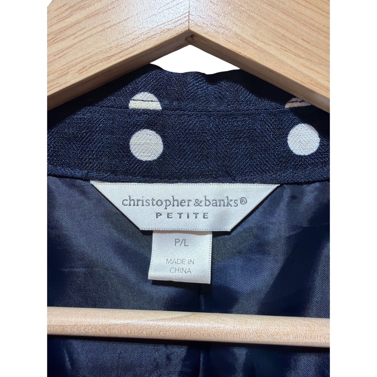 Christopher & Banks Petite Polka Dot Navy Blue Jacket With Ruched Sleeves