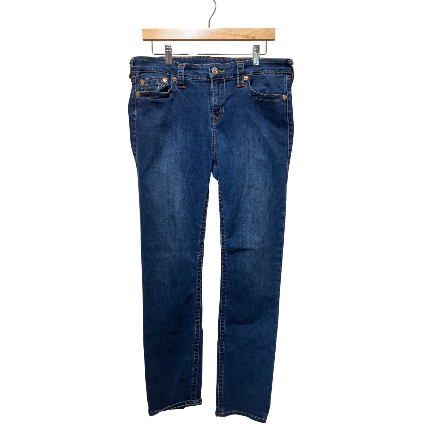 True Religion Womens Billie Mid Rise Straight Jeans With Iconic Stitching Denim Size 34