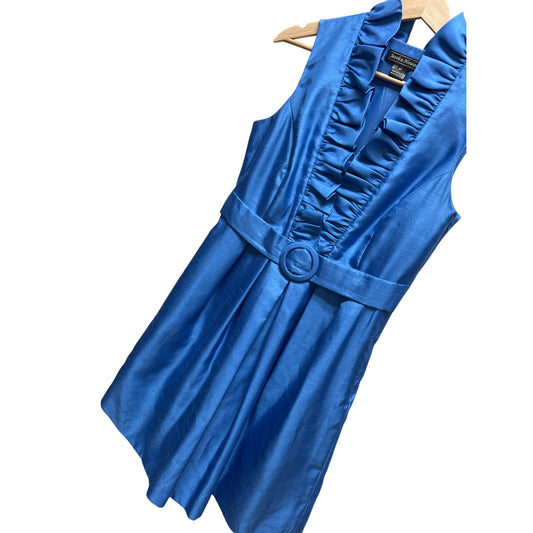 Jessica Howard Vintage 90's Cornflower Blue Taffeta A-Line Ruffled Cocktail Dress