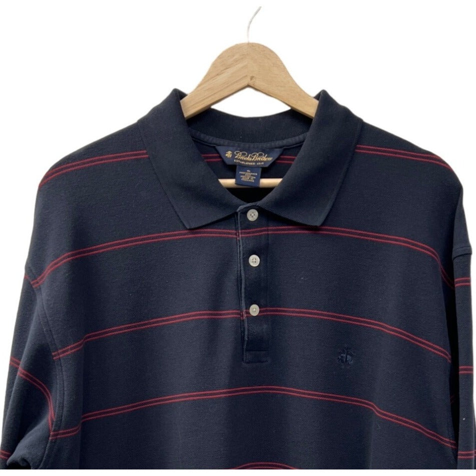 Brooks Brothers Performance Knit Navy Blue and Red Striped Long Sleeve Polo Shirt