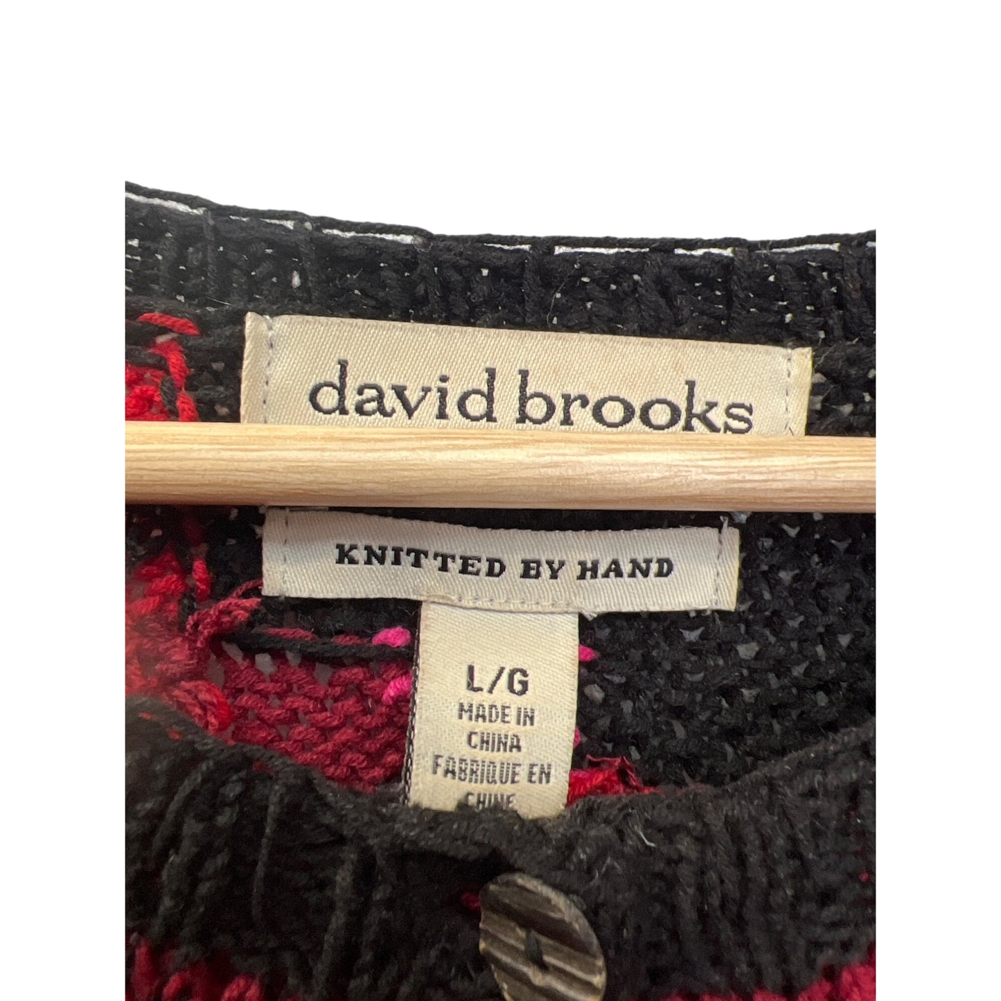 David Brooks Hand Knit Red and Black Geometric Desing Cardigan Sweater