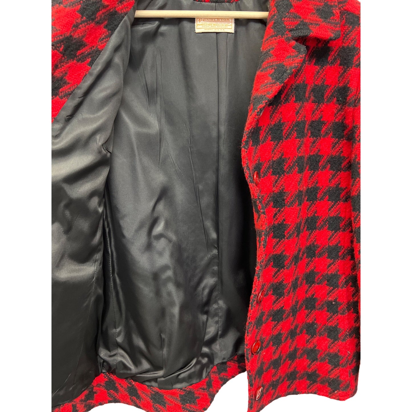 Pendleton Vintage Red and Black Wool Houndstooth Overcoat Peacoat