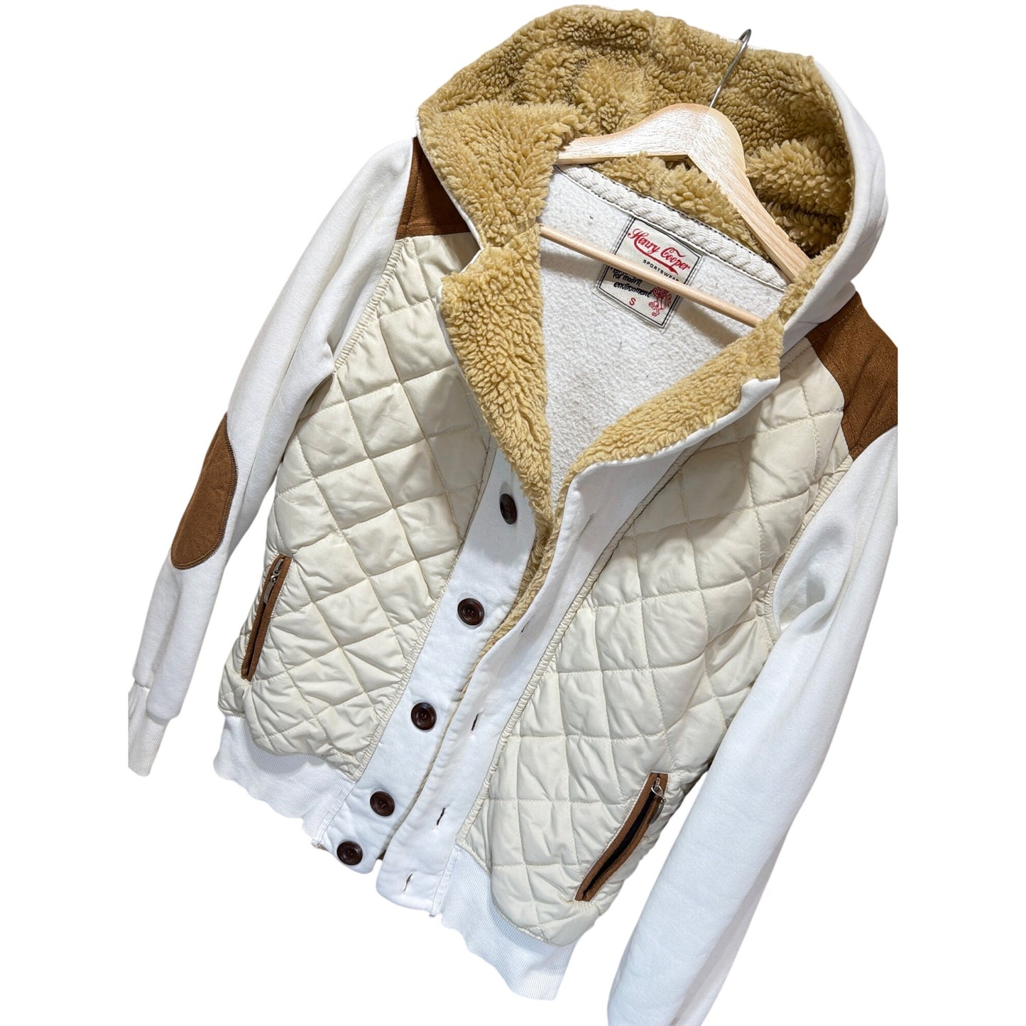 Henry Cooper Sportswear Vintage Y2K White Tan Sherpa Lined Hoodie Jacket With Quilted Panels