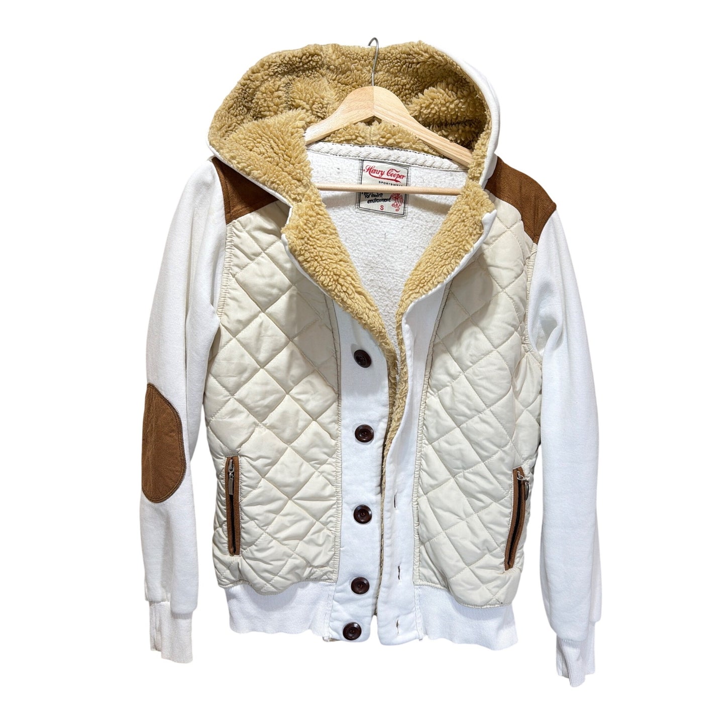 Henry Cooper Sportswear Vintage Y2K White Tan Sherpa Lined Hoodie Jacket With Quilted Panels