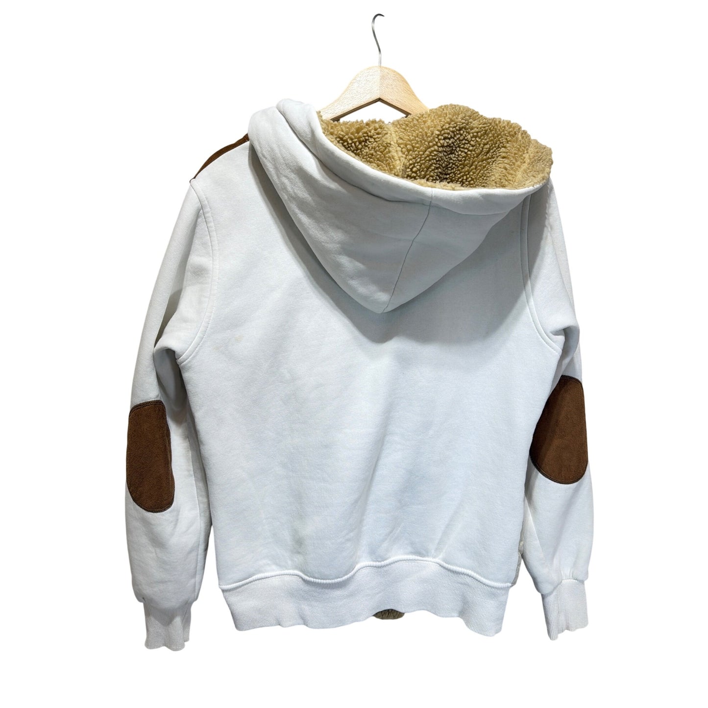 Henry Cooper Sportswear Vintage Y2K White Tan Sherpa Lined Hoodie Jacket With Quilted Panels