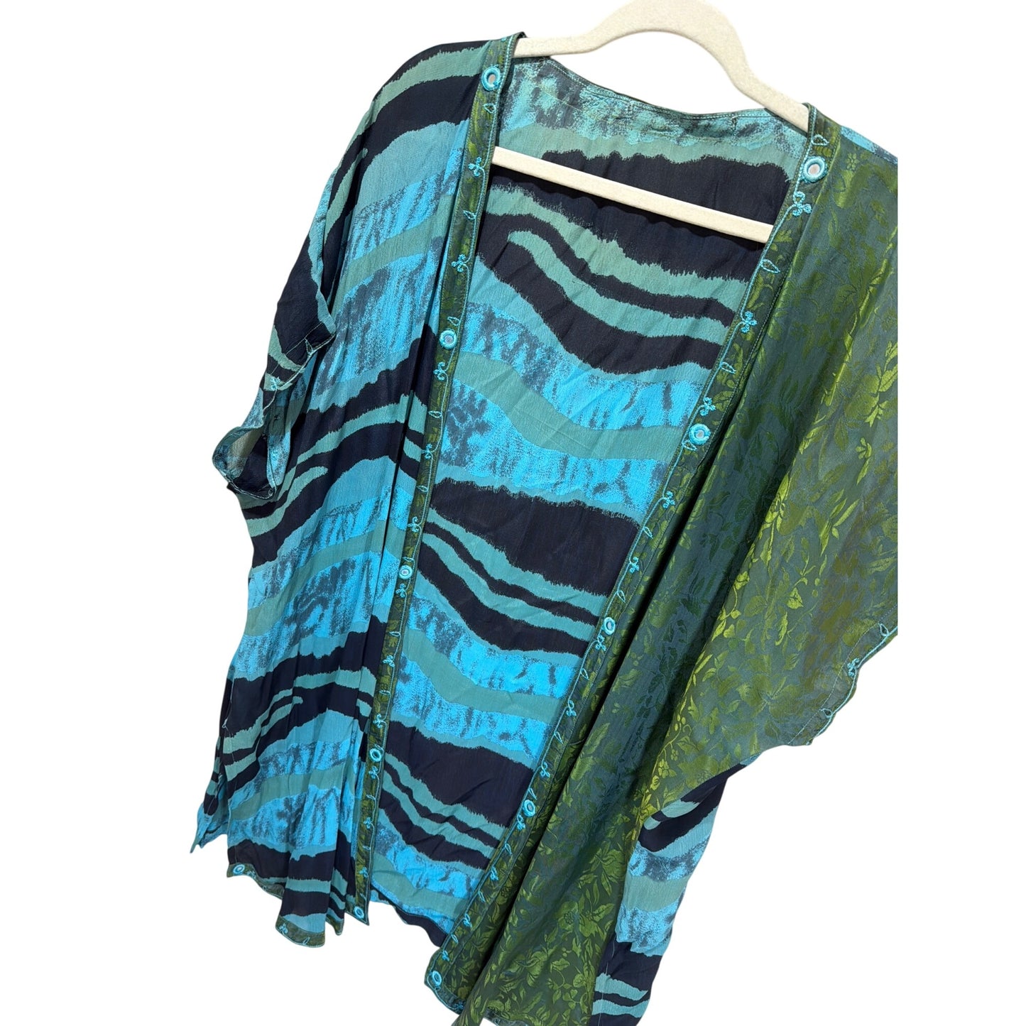 Vintage 90's Blue & Green Striped Open Front Kimono With Floral Embroidery Lightweight Boho Wrap