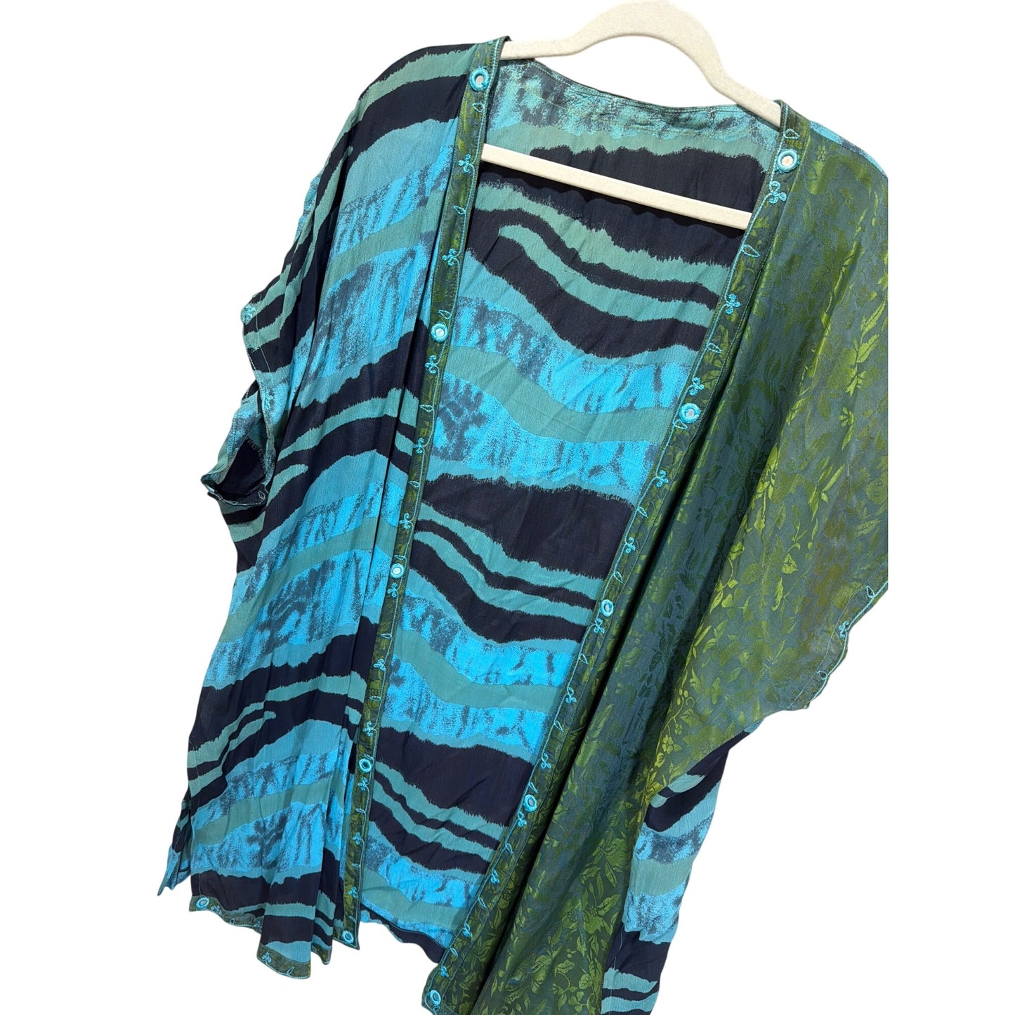 Vintage 90's Blue & Green Striped Open Front Kimono With Floral Embroidery Lightweight Boho Wrap