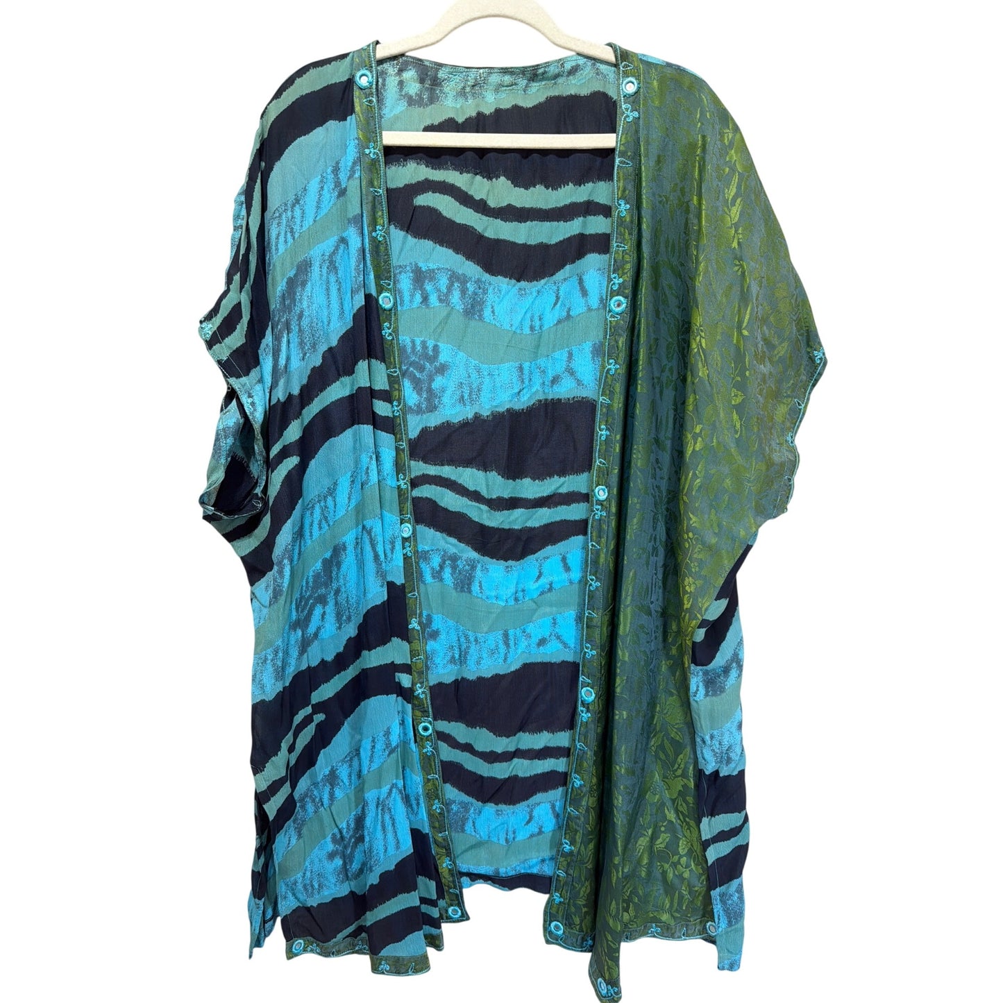 Vintage 90's Blue & Green Striped Open Front Kimono With Floral Embroidery Lightweight Boho Wrap