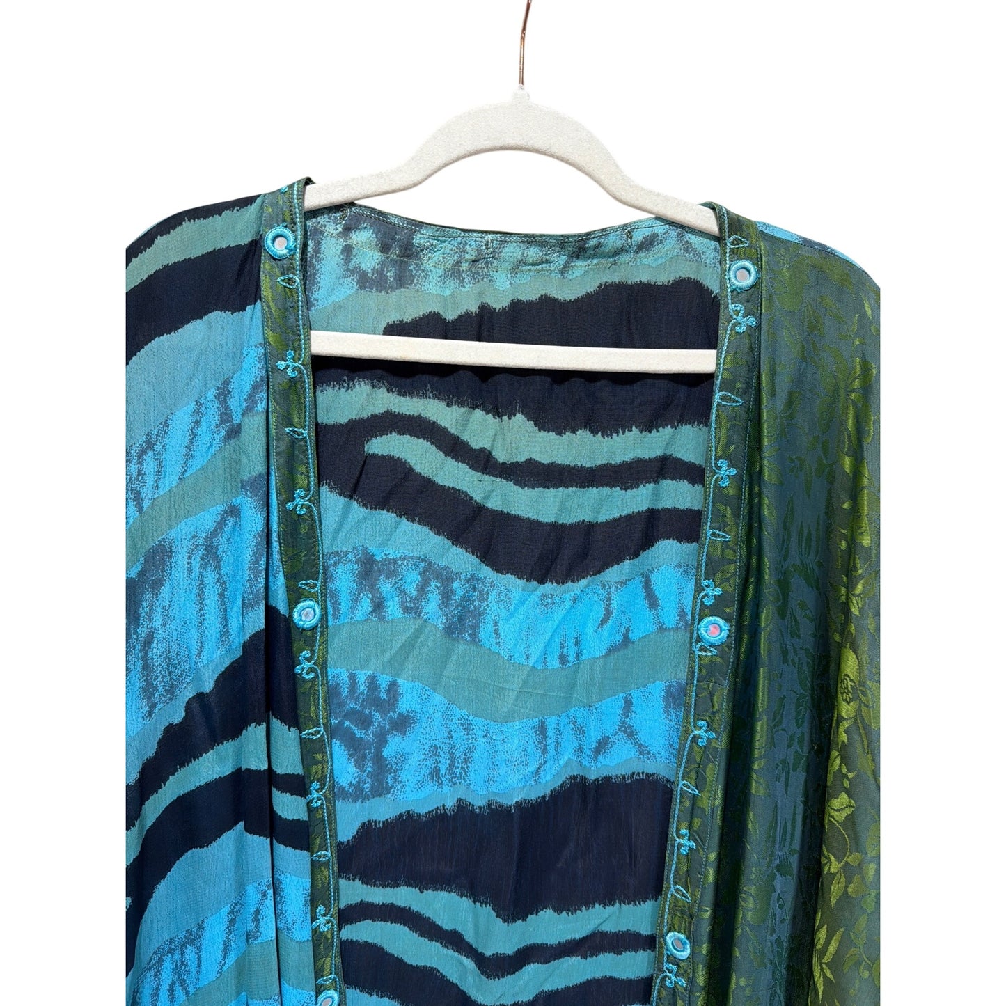 Vintage 90's Blue & Green Striped Open Front Kimono With Floral Embroidery Lightweight Boho Wrap
