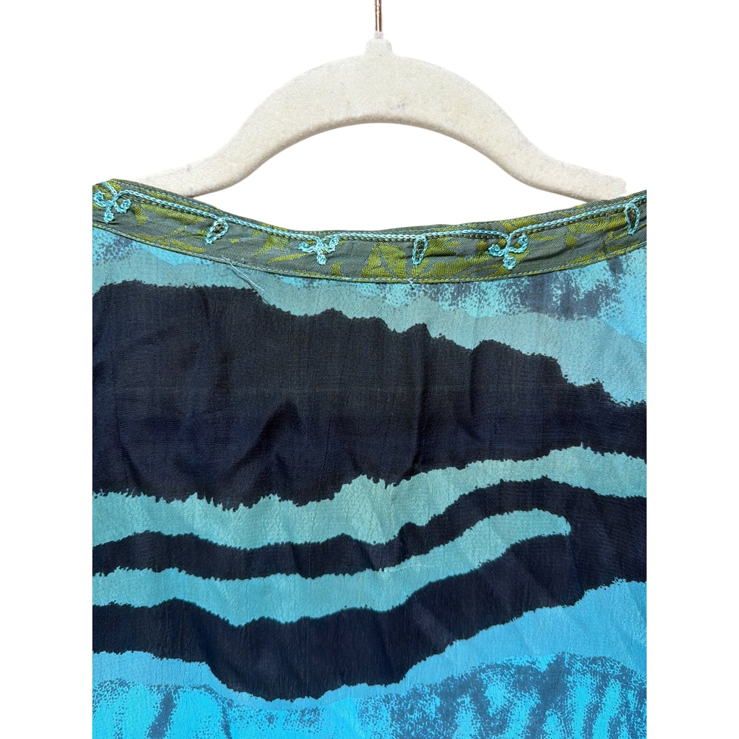 Vintage 90's Blue & Green Striped Open Front Kimono With Floral Embroidery Lightweight Boho Wrap