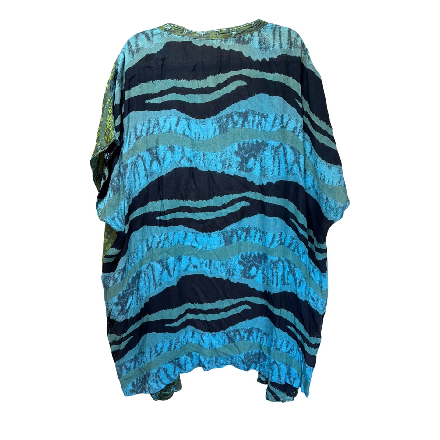 Vintage 90's Blue & Green Striped Open Front Kimono With Floral Embroidery Lightweight Boho Wrap