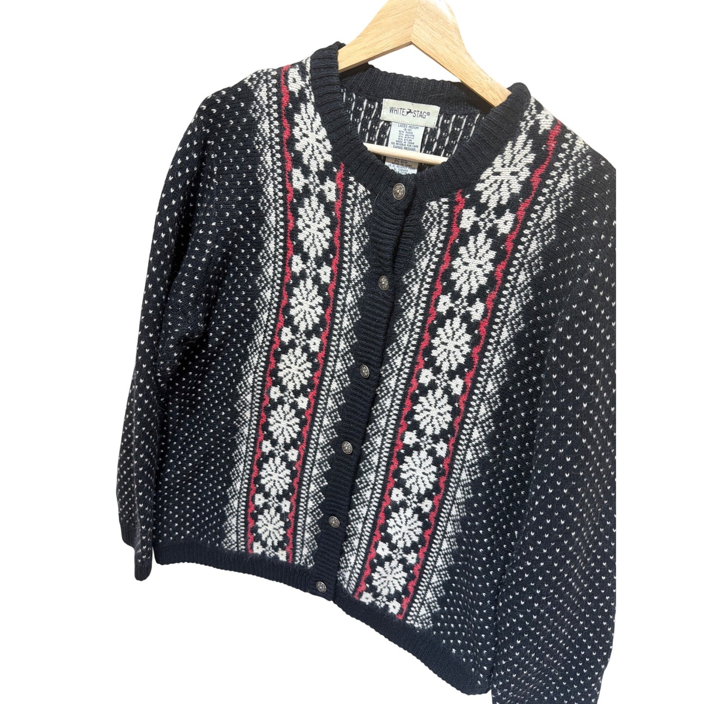 White Stag Vintage 90s Nordic Fair Isle Button-Up Cardigan Sweater Medium Black/White/Red Angora Blend