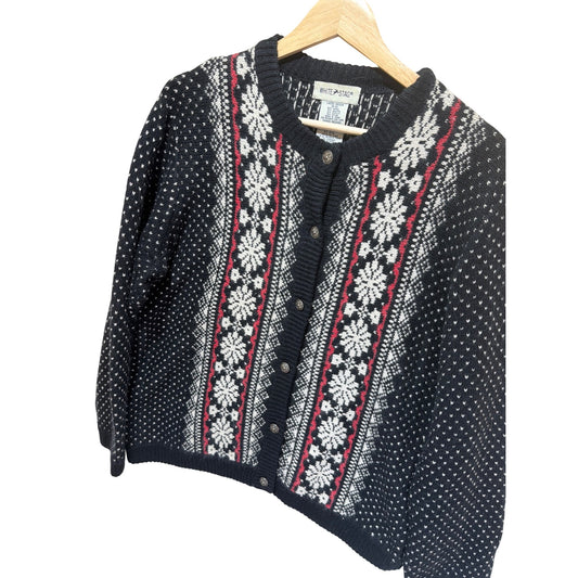 White Stag Vintage 90s Nordic Fair Isle Button-Up Cardigan Sweater Medium Black/White/Red Angora Blend