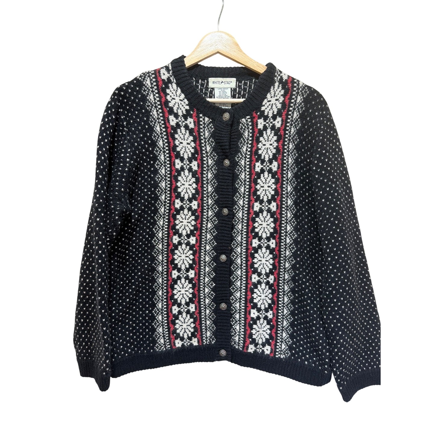 White Stag Vintage 90s Nordic Fair Isle Button-Up Cardigan Sweater Medium Black/White/Red Angora Blend