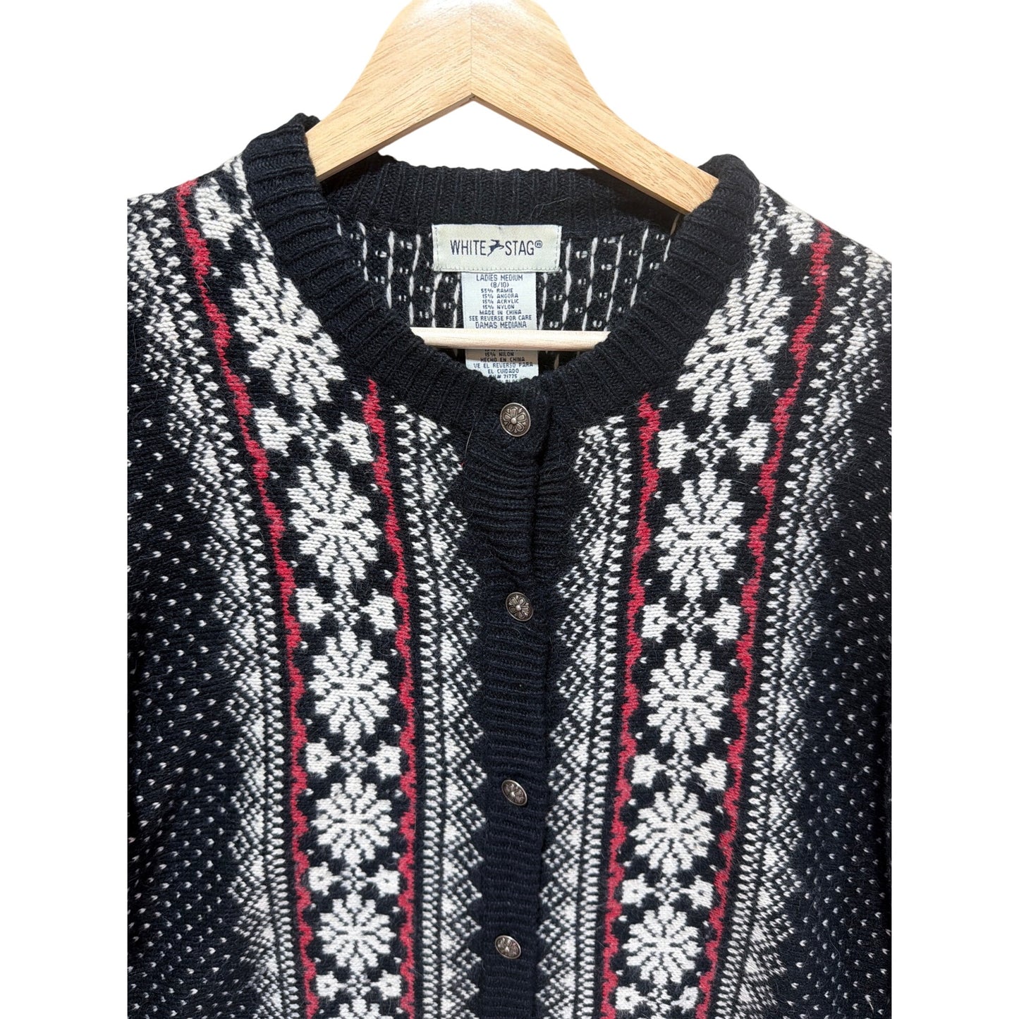 White Stag Vintage 90s Nordic Fair Isle Button-Up Cardigan Sweater Medium Black/White/Red Angora Blend