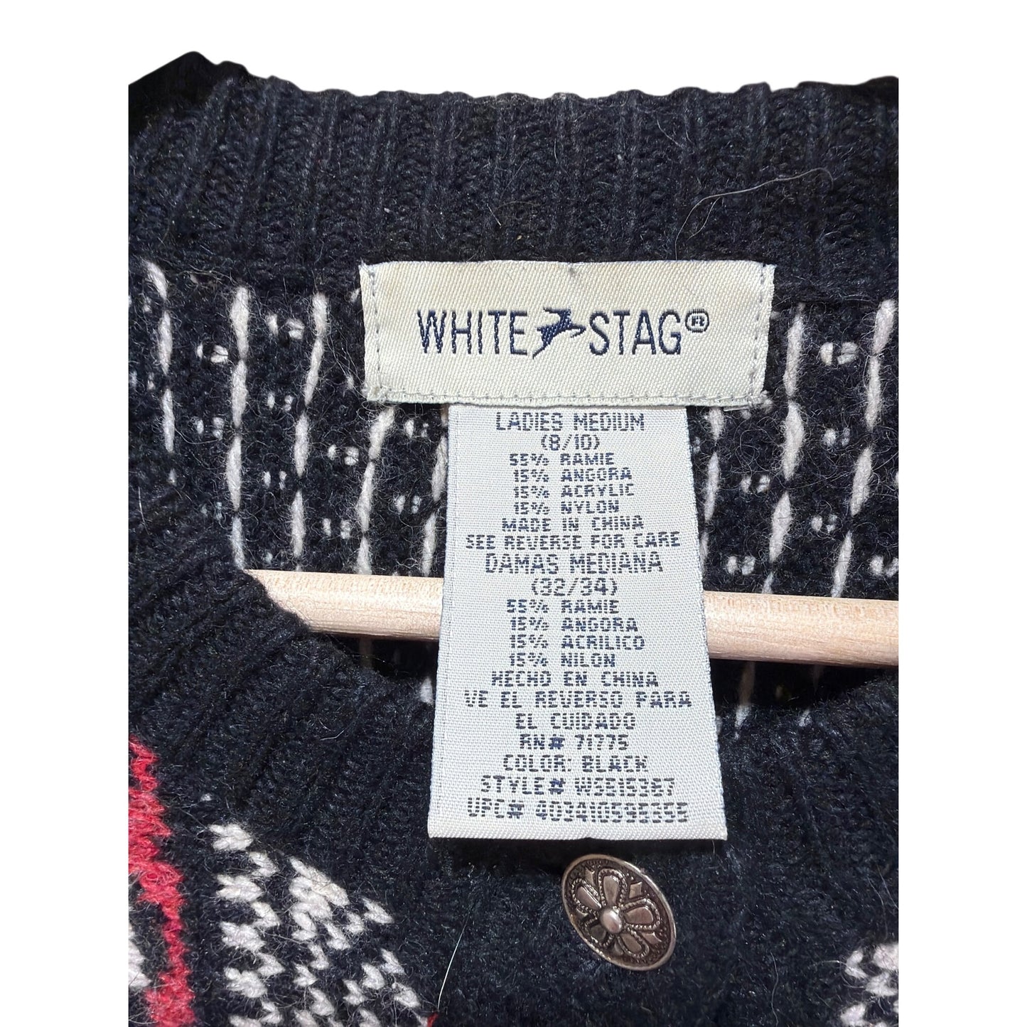 White Stag Vintage 90s Nordic Fair Isle Button-Up Cardigan Sweater Medium Black/White/Red Angora Blend