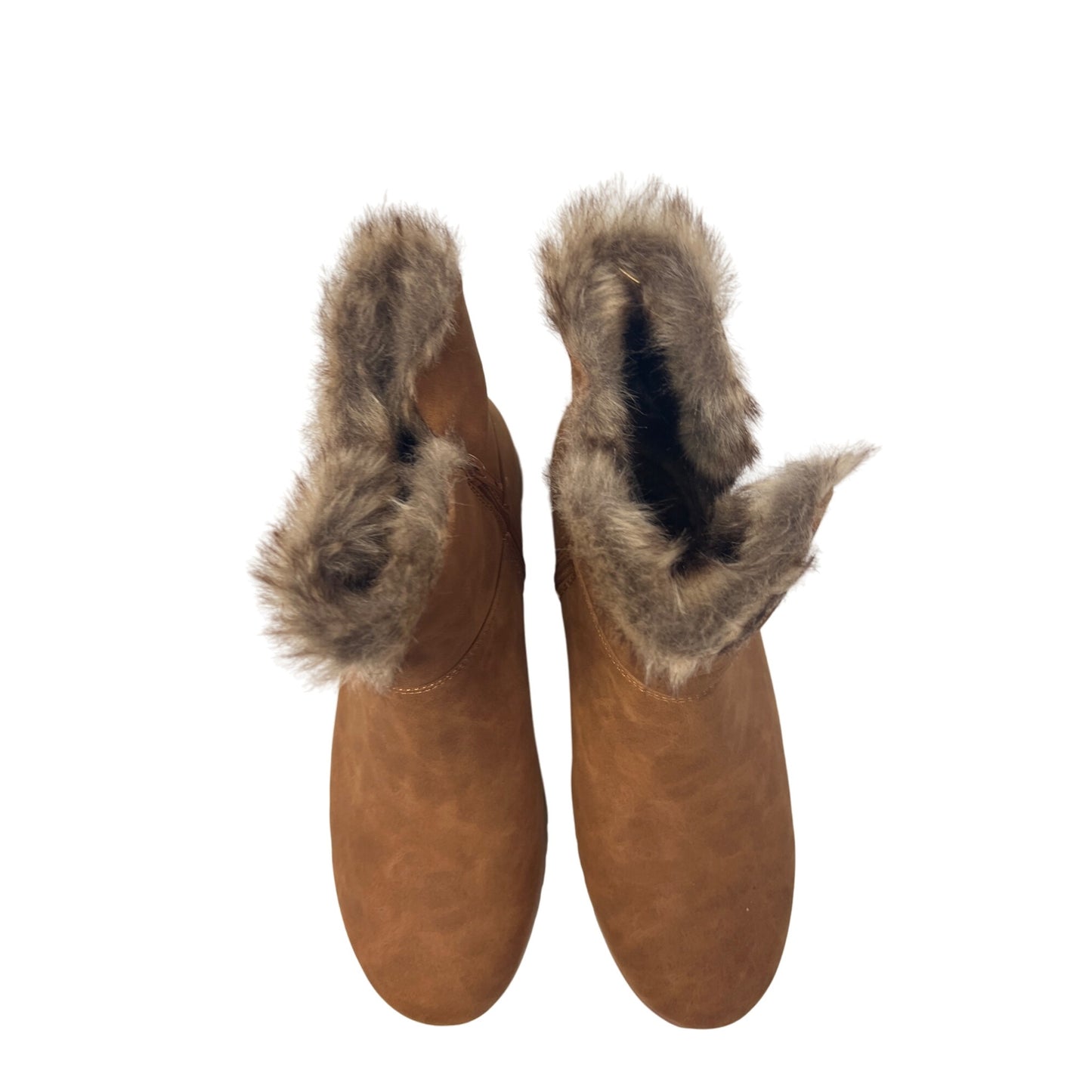 London Fog Wendyl Zip Up Tan Suede Leather Cream Sherpa Winter Booties