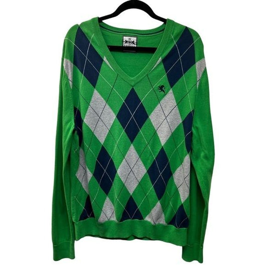 Express Green and Blue Argyle V-Neck Sweater