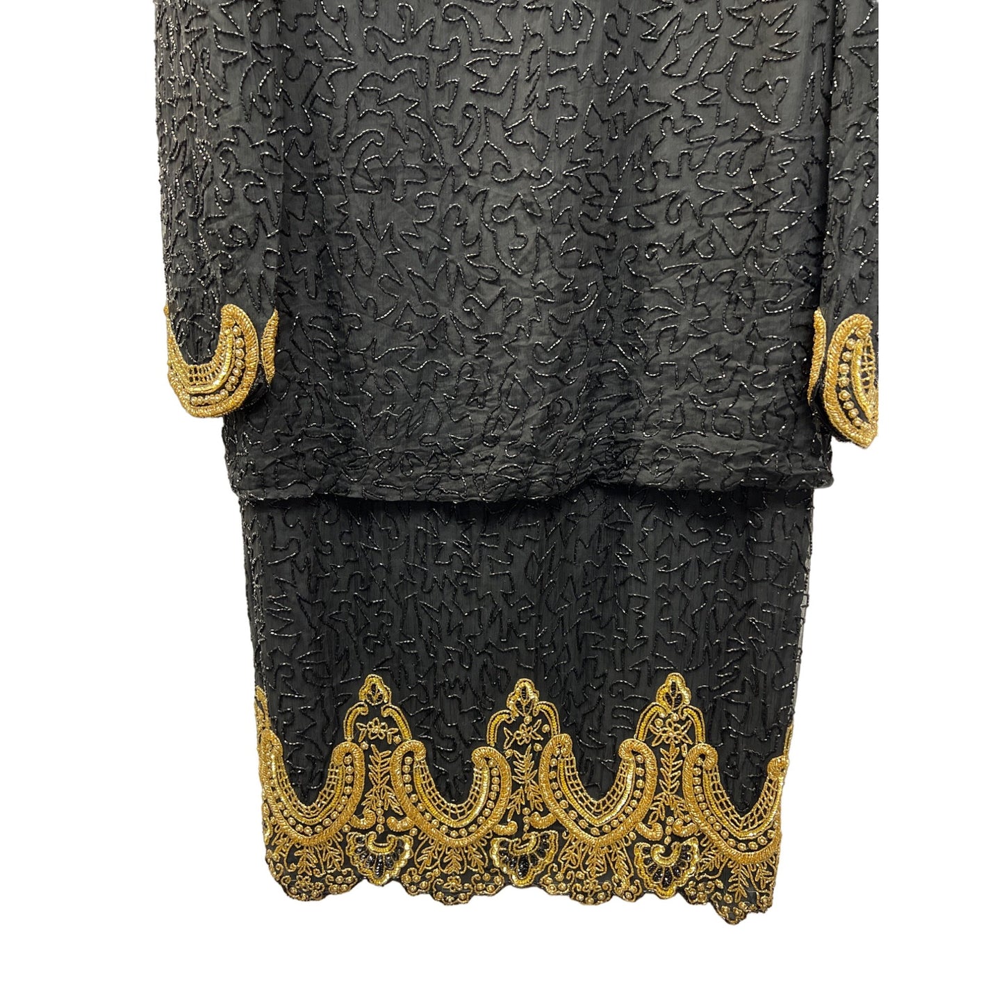 Laurence Kazar Vintage 80's Silk Beaded Black and Gold Dress
