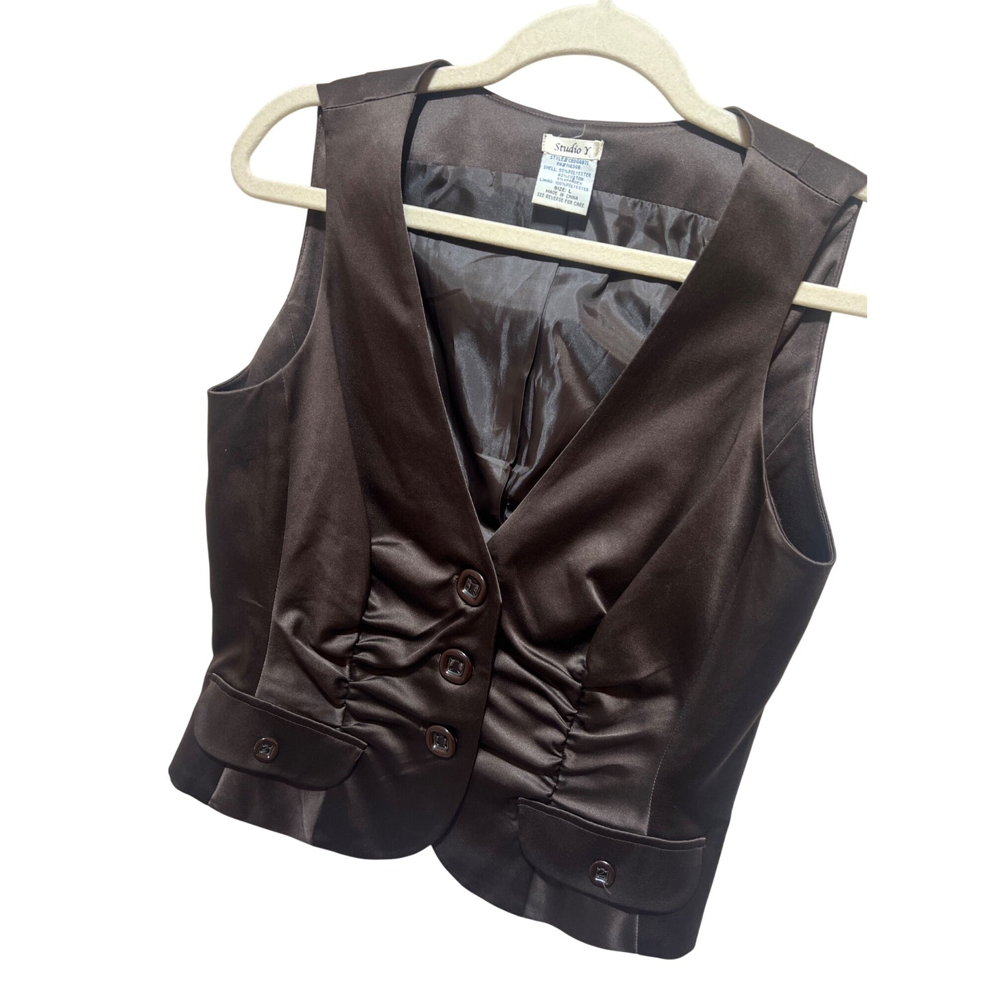 Studio Y Y2K Brown Satin Fitted Vest With Ruched Details & Button Accents Size L