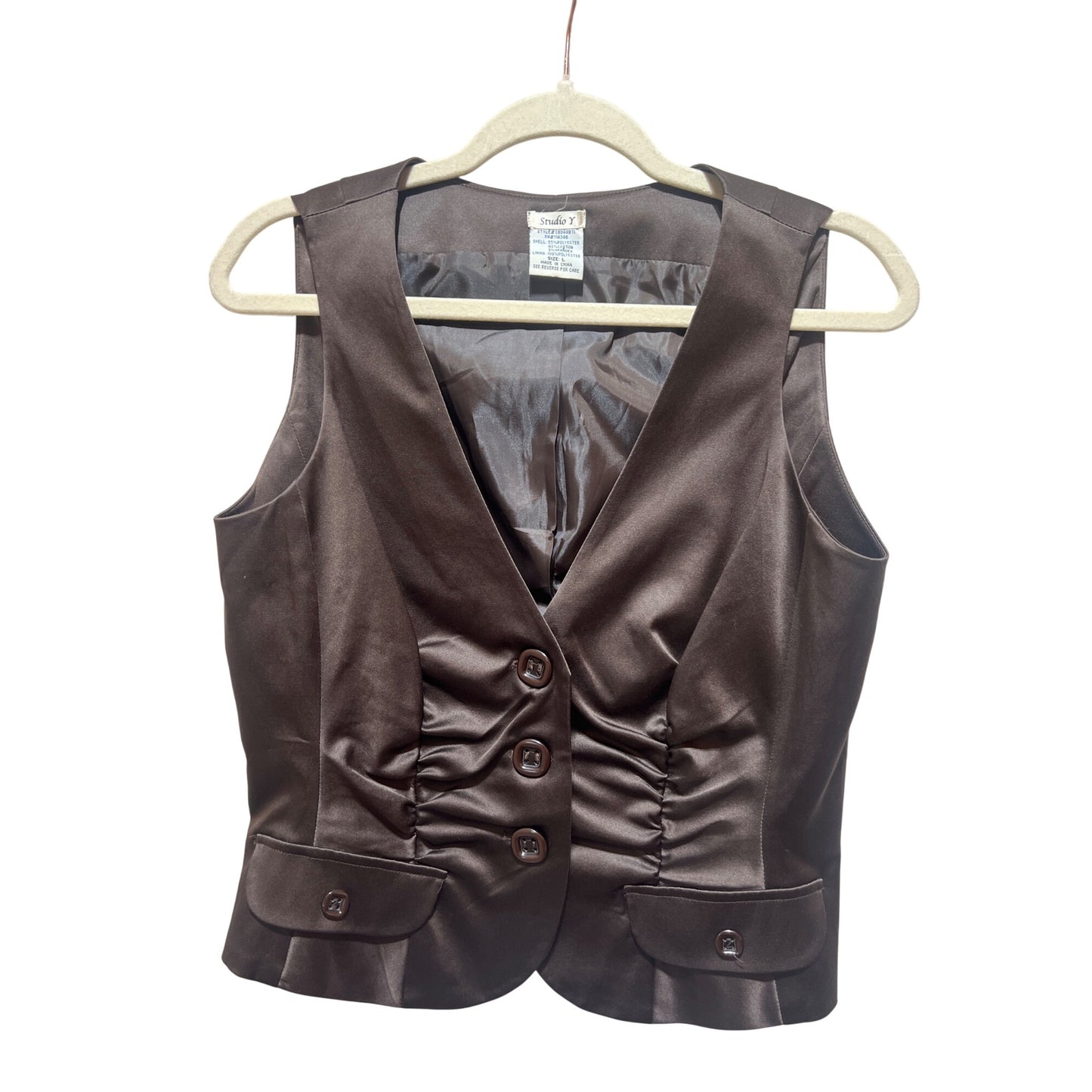 Studio Y Y2K Brown Satin Fitted Vest With Ruched Details & Button Accents Size L