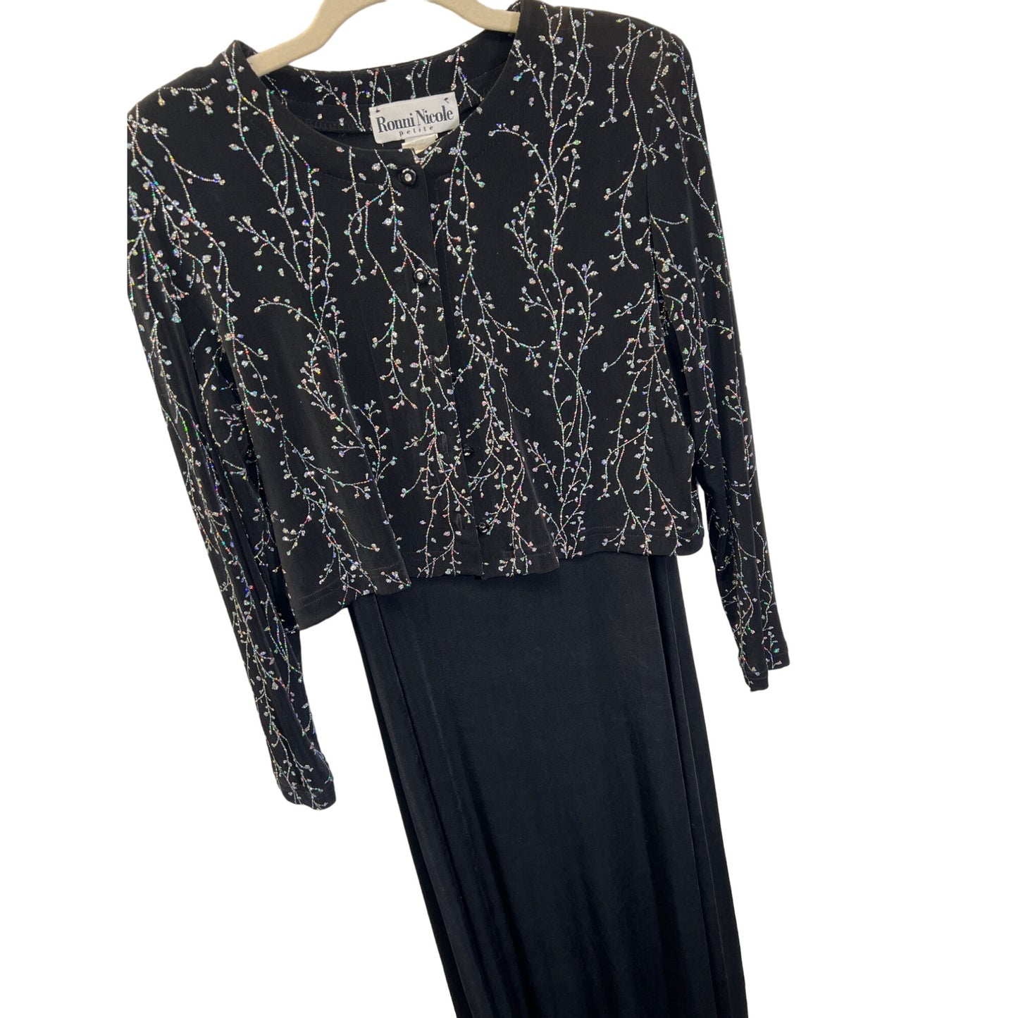 Ronni Nicole Vintage Black and Silver Floral Sparkle Knit Evening Dress Set