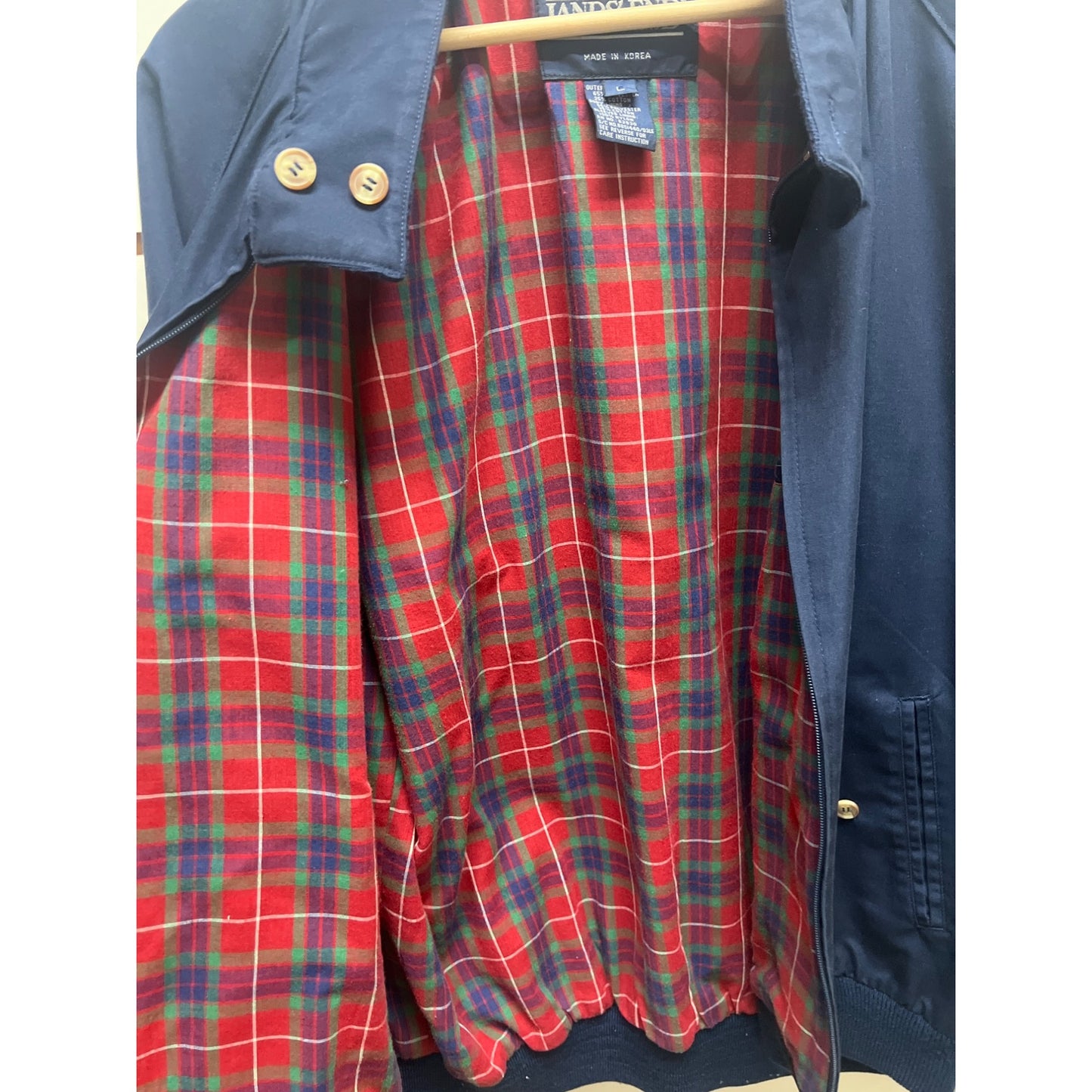 Lands' End Vintage 90's Navy Blue with Red Plaid Lining Bomber Jacket