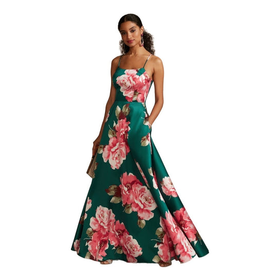 City Vibe Green Floral Satin Floor Length Prom Dress