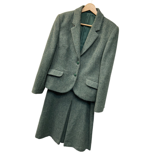 Alexon Vintage 70'sGreen Herringbone Wool Skirt Suit Made in Great Britain