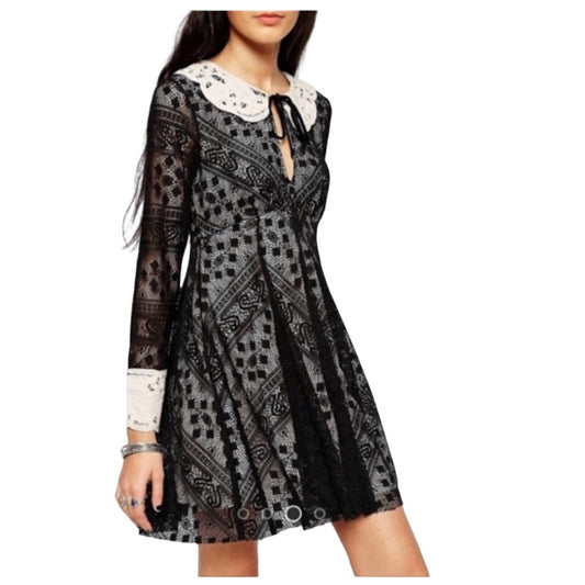 Free People NWT Talk That Talk Black & Cream Lace Dress W/ Peter Pan Collar & Long Sleeves Size 6
