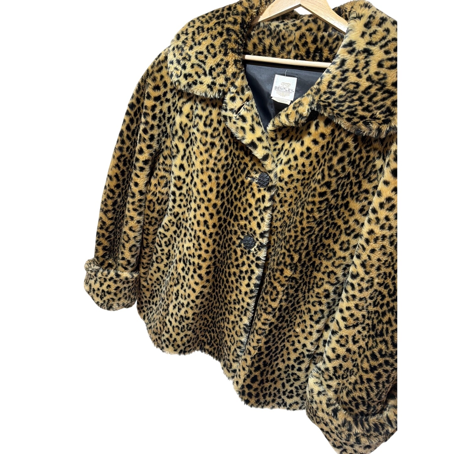 Bentley Vintage 70s  Faux Leopard Fur Coat Large With Black Satin Lining & Ornate Button Front Closure
