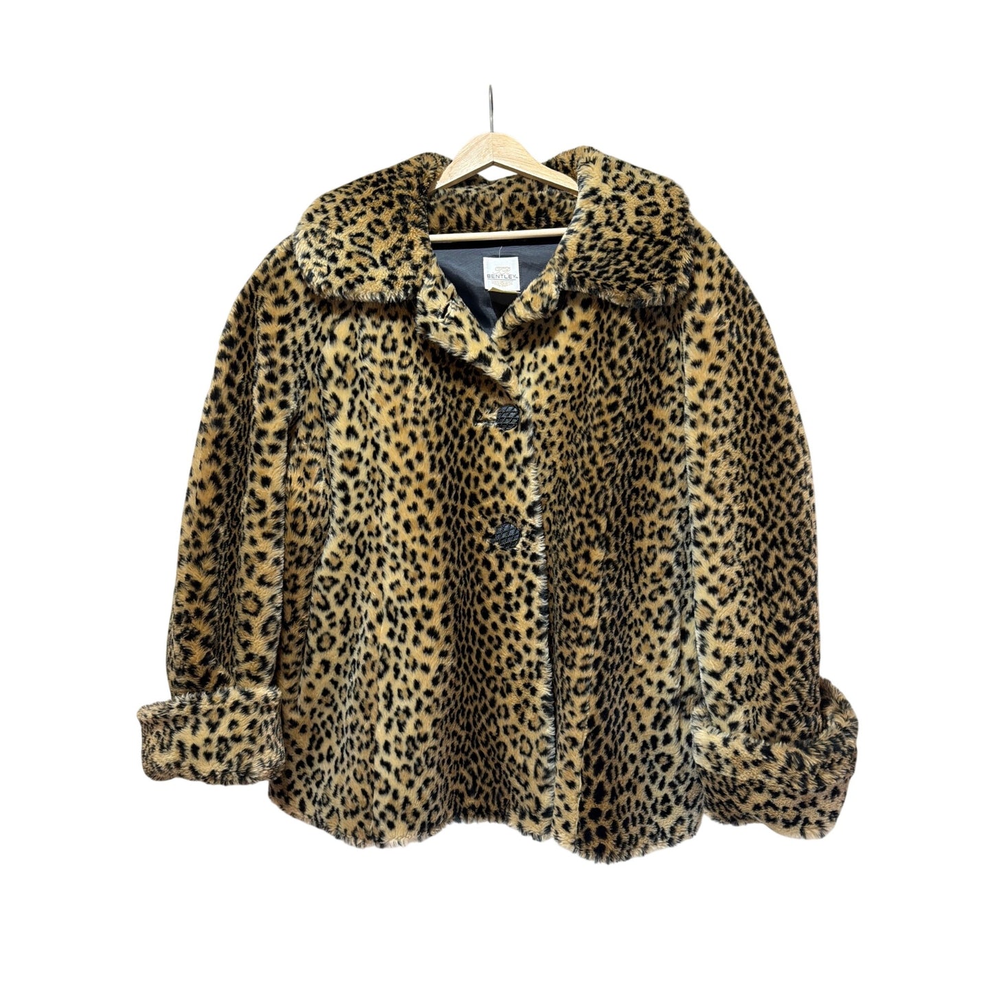 Bentley Vintage 70s  Faux Leopard Fur Coat Large With Black Satin Lining & Ornate Button Front Closure