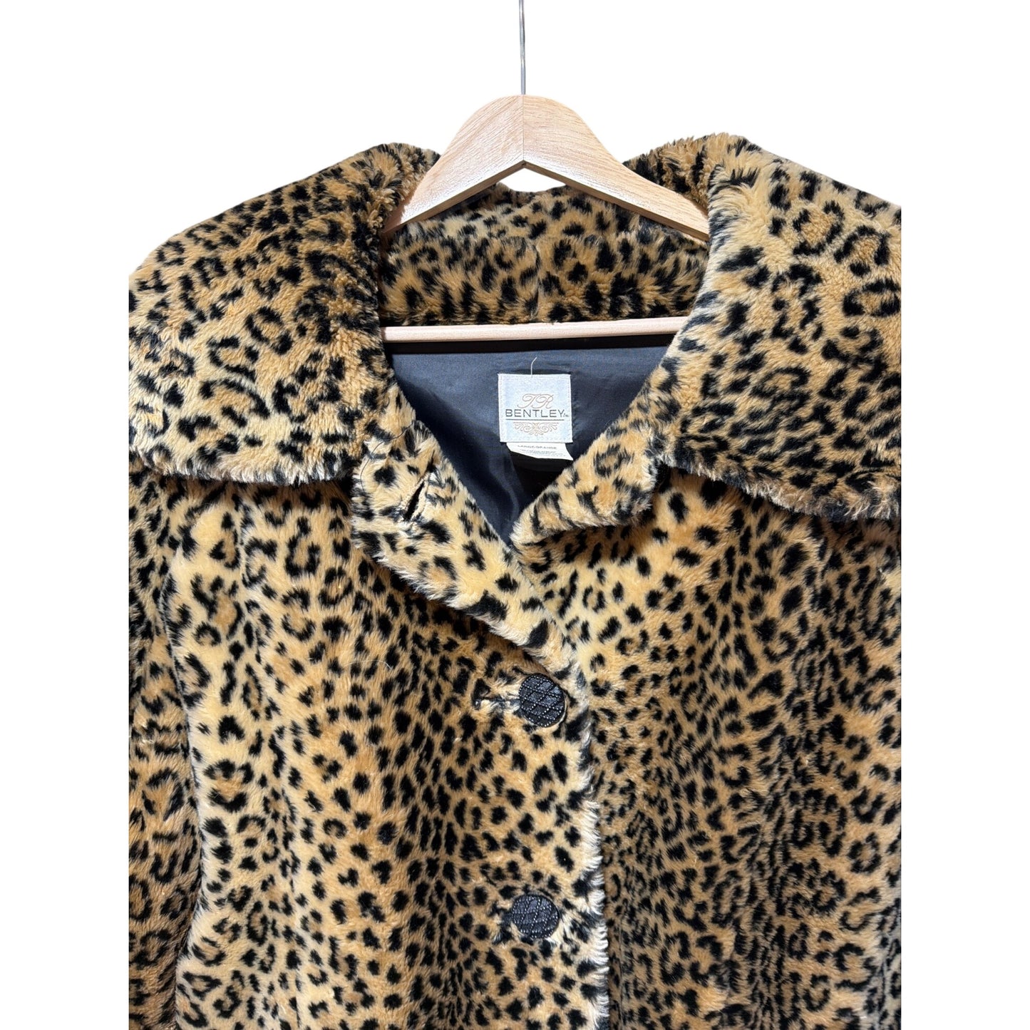 Bentley Vintage 70s  Faux Leopard Fur Coat Large With Black Satin Lining & Ornate Button Front Closure