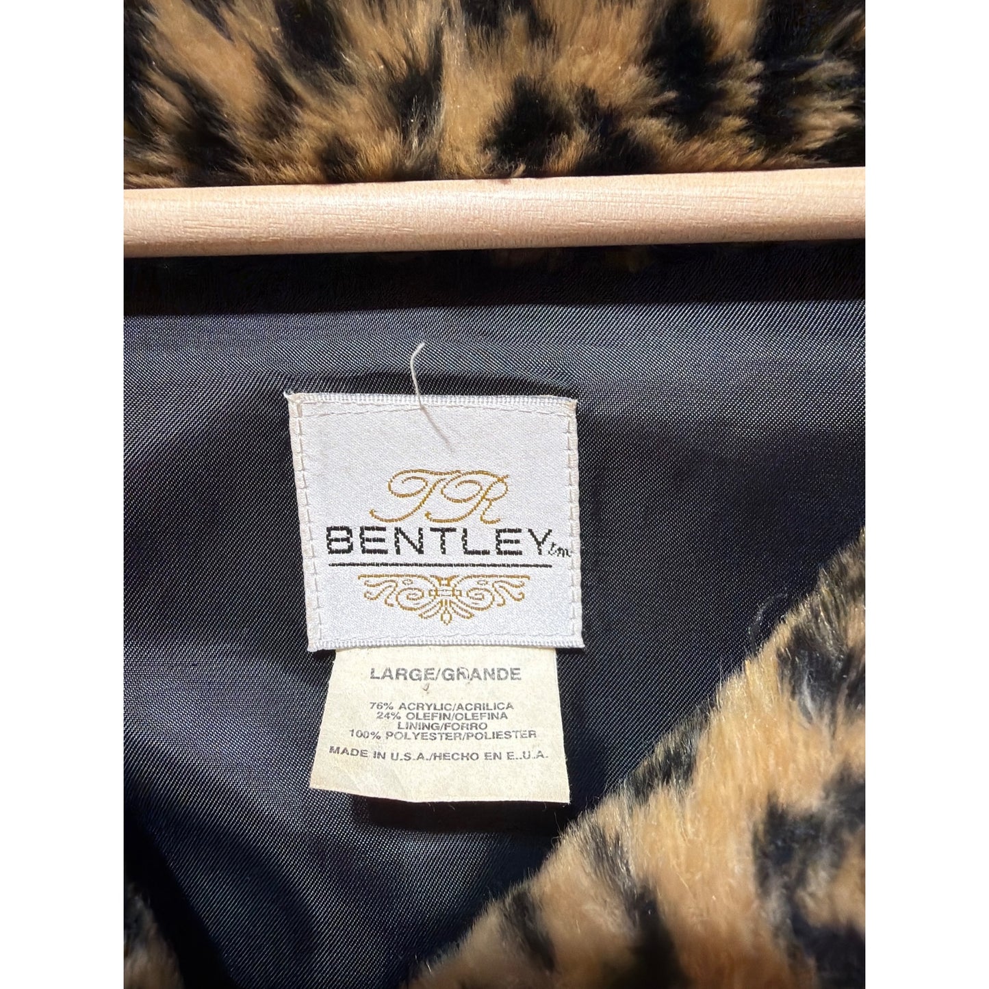 Bentley Vintage 70s  Faux Leopard Fur Coat Large With Black Satin Lining & Ornate Button Front Closure