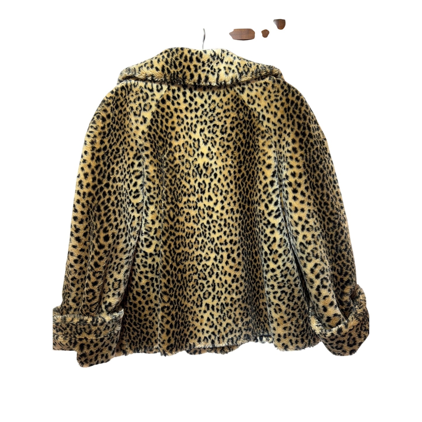 Bentley Vintage 70s  Faux Leopard Fur Coat Large With Black Satin Lining & Ornate Button Front Closure