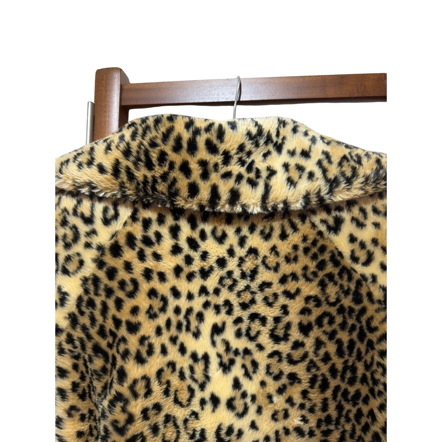 Bentley Vintage 70s  Faux Leopard Fur Coat Large With Black Satin Lining & Ornate Button Front Closure