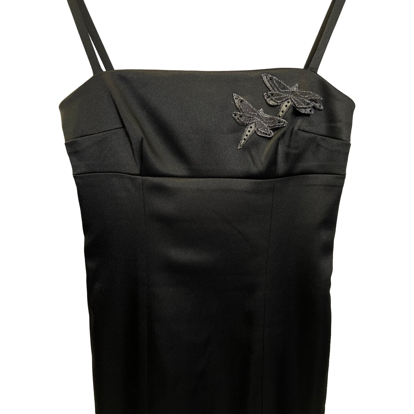 Hugo Buscati Vintage Y2K Black Satin Bodycon Dress with Jeweled Firefly