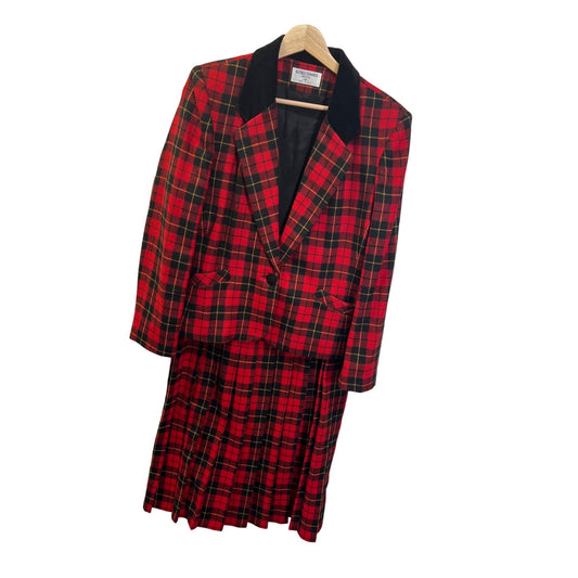 Alfred Dunner Vintage Red and Black Plaid Wool Skirt Blazer Set